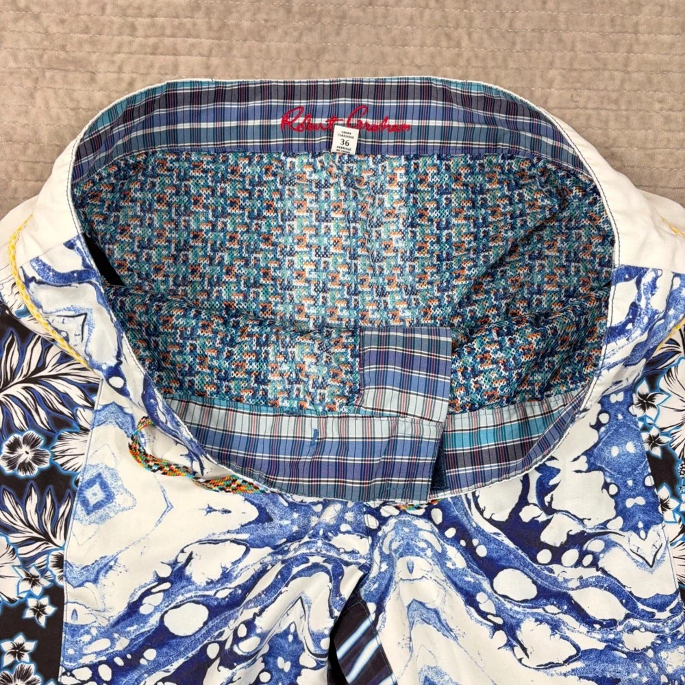 Robert Graham Mens Blue Marble Floral Board Shorts Swim Trunks Classic Fit 36